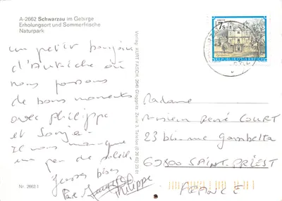 Schwarzaui Gebirge — vue panoramique avec église et lac — éditeur KURT FASCH — Verso