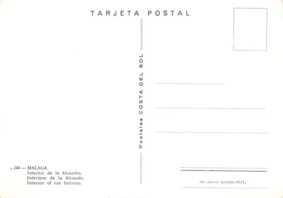 Intérieur de la Alcazaba — vue à travers un arc à crochets — éditeur Postales del Sol, n° 1.244 — Оборотная сторона