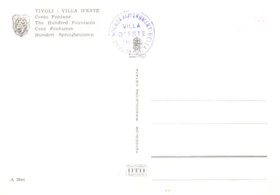 Tivoli - Villa d'Este — Cento Fontane (100 Fontaines) — éditeur Fotocolor Roma, n° A 2844 — Verso
