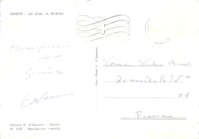 Genève — Jet d'eau et Mont-Blanc — Éditions G. D'Aguanno, N. 1500 — Verso