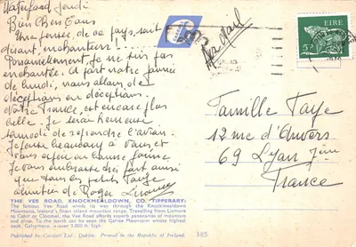 The Vee Road, Knockmealdown and Galtee Mountains, Co. Tipperary, Ireland — Published by Cardall Ltd., Dublin. n°385 — Verso