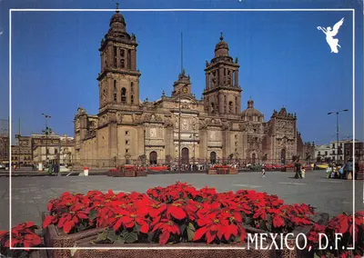 Cathédrale métropolitaine de Mexico — vue de la place avec poinsettias — éditeur LA CATEDRAL/ THE CATHEDRAL