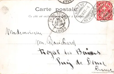 Genève de la terrasse du monument Brunswick — vue sur le Rhône et la ville, éditeur H. C. Andreae Rue du Rhône 98, n°33 — Verso