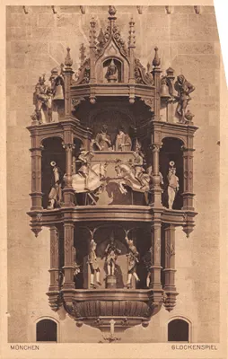 MÜNCHEN — le Glockenspiel de la Marienplatz — éditeur Kupferstichdruckkarte Nr 172