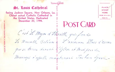 St. Louis Cathedral — vue de Jackson Square — éditeur Tichnor Gloss, n° G86115 — Verso