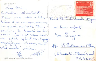 Berner Oberland — carte postale illustrant le Thunersee et les montagnes environnantes — éditeur Verlag Walter Schild, Interlaken — Verso