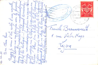 Burg Rheinstein — zrujnowany zamek na skałach nad Rynem z parowcami — wydawca Hounson & Bechstedt — Rewers