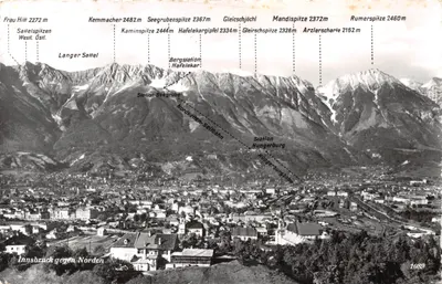 Innsbruck gegen Norden — vue panoramique des Alpes avec indication des sommets et des stations de montagne — éditeur Echte Photographie, n° 1089