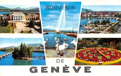 Genève — vue panoramique avec Palais de l'ONU, jet d'eau, horloge fleurie — éditeur HNDA Color