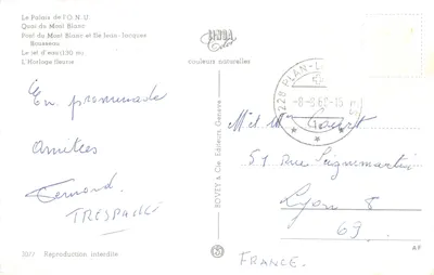 Genève — vue panoramique avec Palais de l'ONU, jet d'eau, horloge fleurie — éditeur HNDA Color — Verso