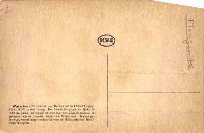 ウォータールー — リオン — 1825-26年に建設された高台、ハイ・サン＝テント間の土地を占領した場所、発行者DESAIX、No. R. 1 — 裏面