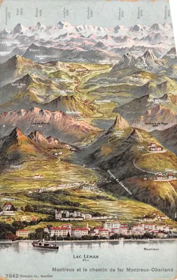 Montreux and the Montreux-Oberland railway — panoramic view with relief and mountain names — Phototypie Co., Neuchâtel no. 7942