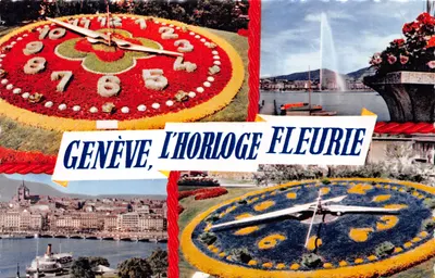 Genève, l'horloge fleurie — composition de trois horloges fleuries avec vue de la ville et de la fontaine, éditeur ÉDITIONS JAÉGER GENÈVE, n° 1050