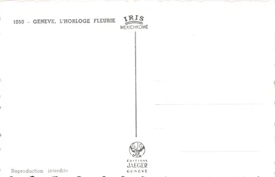 Genève, l'horloge fleurie — composition de trois horloges fleuries avec vue de la ville et de la fontaine, éditeur ÉDITIONS JAÉGER GENÈVE, n° 1050 — Verso