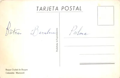 Statek Ciudad de Burgos — widok z portu — wydawca Buque Ciudad de Burgos, kolekcja Martorell — Rewers