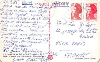Cathédrale de Mexico — vue nocturne illuminée — éditeur AMMEX ASOCIADOS, S.A. n° 274 — Verso