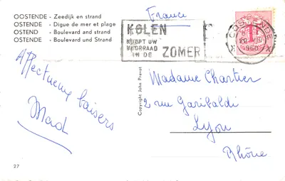 Oostende — Plage et boulevard — éditeur John Prevot, n°27 — Verso