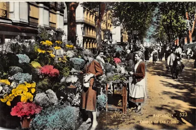 Barcelone - Rambla de las Flores — scène de marché floral avec vendeuses et passants, éditeur TALLERES A. ZERKOWITZ, n° 523