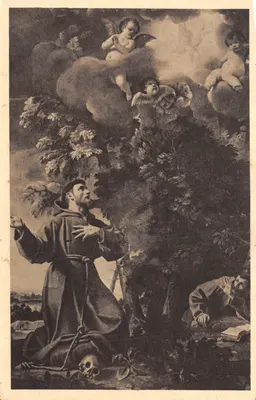 Święty Franciszek z Asyżu — scena modlitwy z aniołami — wydawca Casa dell'Arte Cristiana, Mediolan