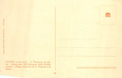 Saint François en gloire — détail de l'Allegorie de la Glorification — éditeur CASA DELL'ARTE CRISTIANA MILANO, n°13 — Verso