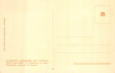 Heiliger Franz von Assisi in Ekstase — Gemälde zugeschrieben Guercino — Verleger Casa dell'Arte Cristiana, Mailand — Rückseite