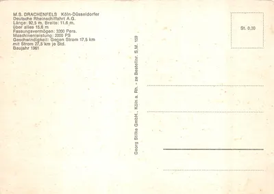 科隆大教堂 — 莱茵河与航行中的M.S. DRACHENFELS轮船 — 出版商 Georg Stilke GmbH, 科隆 — 背面
