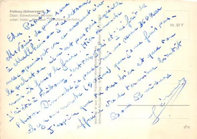 Freiburg — widok panoramiczny, wydawca Schmelzer-Nicolai-Verlag, nr 97 F — Rewers