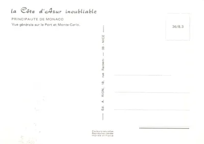 Vue générale sur le Port et Monte-Carlo — Principauté de Monaco — Éditeur A. Rion, rue Raiberti, Nice — Verso