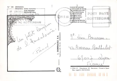 グラナダ — 夜間に照明されたアルハンブラ — 出版社 L. DOMINGUEZ, S.A. n° 64 — 裏面