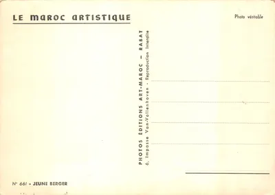 Młody pasterz z羔 — pustynne widoki z palmami i górami — wydawca LE MAROC ARTISTIQUE, nr 661 — Rewers