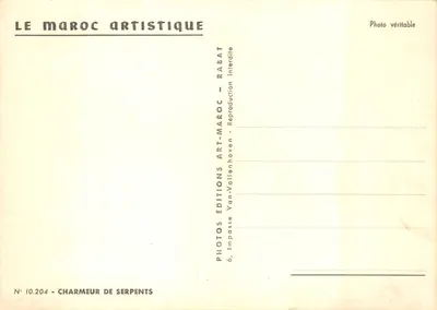 Charmeur de serpents — scène de spectacle en plein air — Éditions Van-Vollenhoven, Rabat — Verso