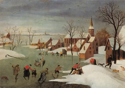 L'hiver — scène de glisseurs sur un lac gelé devant une église — Grimmer Abel, impr. en Belgique, n° 4666