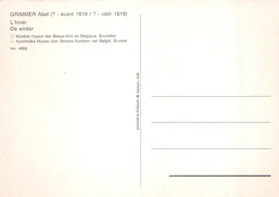 L'hiver — scène de glisseurs sur un lac gelé devant une église — Grimmer Abel, impr. en Belgique, n° 4666 — Verso