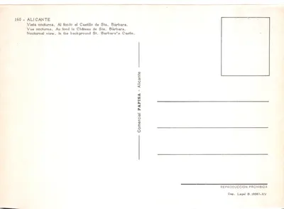 Alicante — vue nocturne avec le château de Santa Bárbara — éditeur Comercial PAPISA — Verso