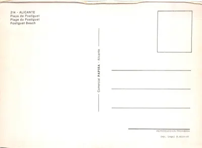 Alicante — vue de la plage et du mont Benacantil — éditeur Comercial PAPISA — Verso