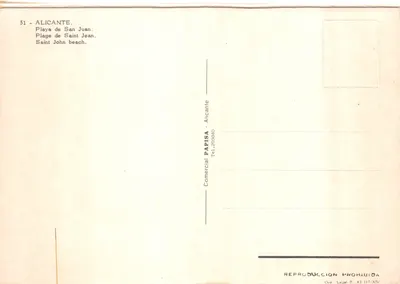 Playa San Juan — Luftbild der Strand und Stadt mit Bergen im Hintergrund — Verlag Comercial Papisa, Nr. 51 — Rückseite