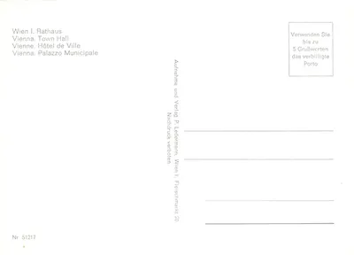 维也纳。市政厅 — 出版商 P. Ledermann，维也纳 I，Fleischmarkt 20 — 编号 51217 — 背面