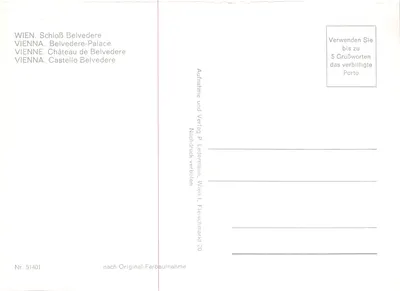 벨베데레 성 — 정원과 분수, 폭포의 전경 — 출판사 P. Ledermann, 빈 — 뒷면