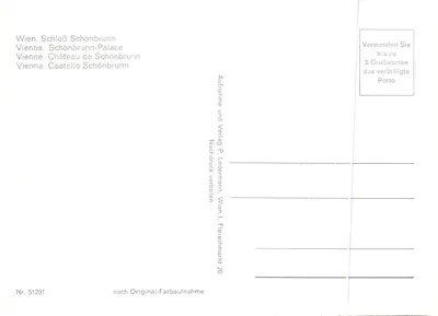 Schloss Schönbrunn — palais impérial avec jardins à motifs floraux — éditeur P. Ledermann, n° 51291 — Verso