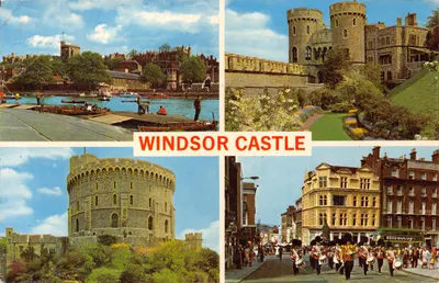 Windsor Castle — vue du château, du Round Tower et d'une parade — éditeur THE PHOTOGRAPHIC GREETING CARD CO. LTD. LONDON, n° 1410