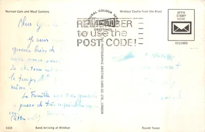 Windsor Castle — vue du château, du Round Tower et d'une parade — éditeur THE PHOTOGRAPHIC GREETING CARD CO. LTD. LONDON, n° 1410 — Verso