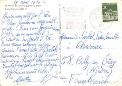 Zugspitze景观 — 带巴伐利亚旗帜的咖啡馆露台 — 出版商 Hans Huber，编号 8289 — 背面