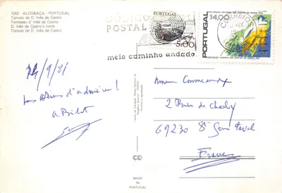 Túmulo de D. Inês de Castro — Alcobaça, Portugal — Centro de Cardade 'Nossa Senhora do Perpétuo Socorro' — n° 1042 — Verso