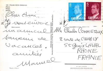 Palma Nova — vue aérienne de la plage et des bâtiments — éditeur Tomas de Pedro — Verso