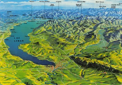 Panorama de la région lémanique — carte topographique colorée avec noms de lieux et montagnes — Éditeur: Francis JAEGER. Éditions HELIO. N° de série: LL 4777