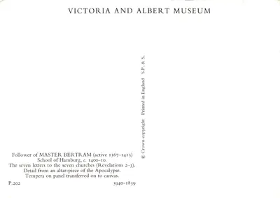Les sept lettres aux sept églises — détail d'un retable de l'Apocalypse — éditeur VICTORIA AND ALBERT MUSEUM, n° P.202 — Verso