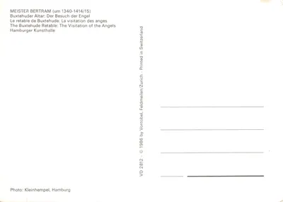 Visitation des anges — scène de l'altarpiece de Maître Bertram — imprimé sur la carte par Vontobel/Zurich — Verso