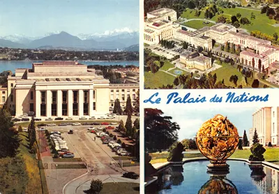 Das Palais der Nationen — luftige und monumentale Ansicht mit Globus — Verlag GENEVE - PALAIS DES NATIONS, Nr. 252