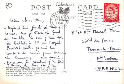 Parlement Square — vue des Houses of Parliament et de la Victoria Tower — éditeur POST Valentine's CARD — Verso