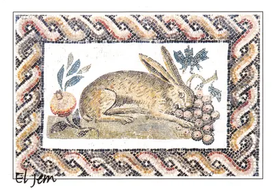 Lièvre et grappe de raisin — mosaïque du IIe siècle à El Jem — éditée par AIF